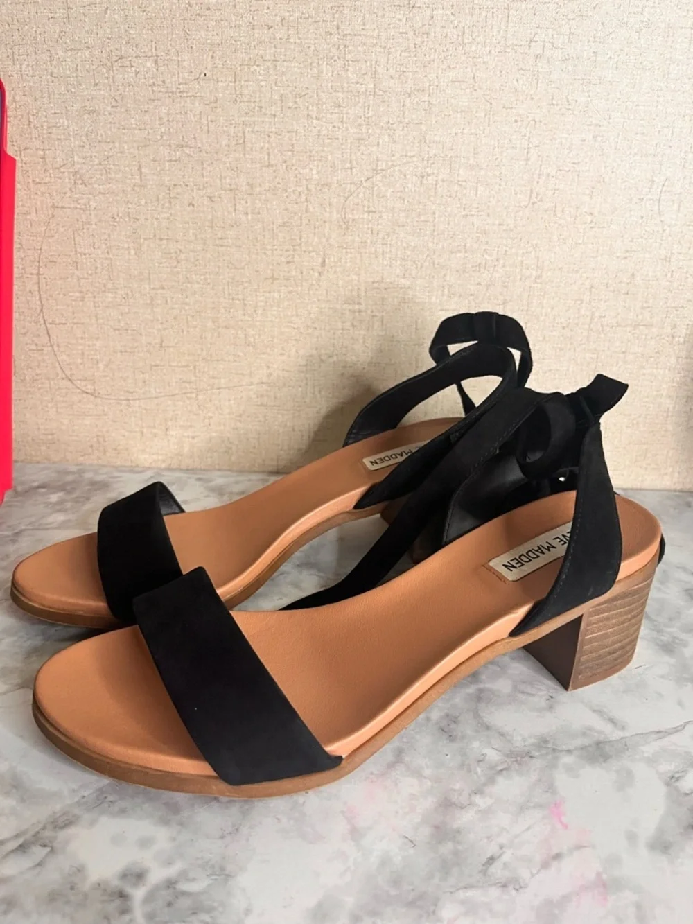 Steve Madden Black Ankle-Tie Block Heel Sandals